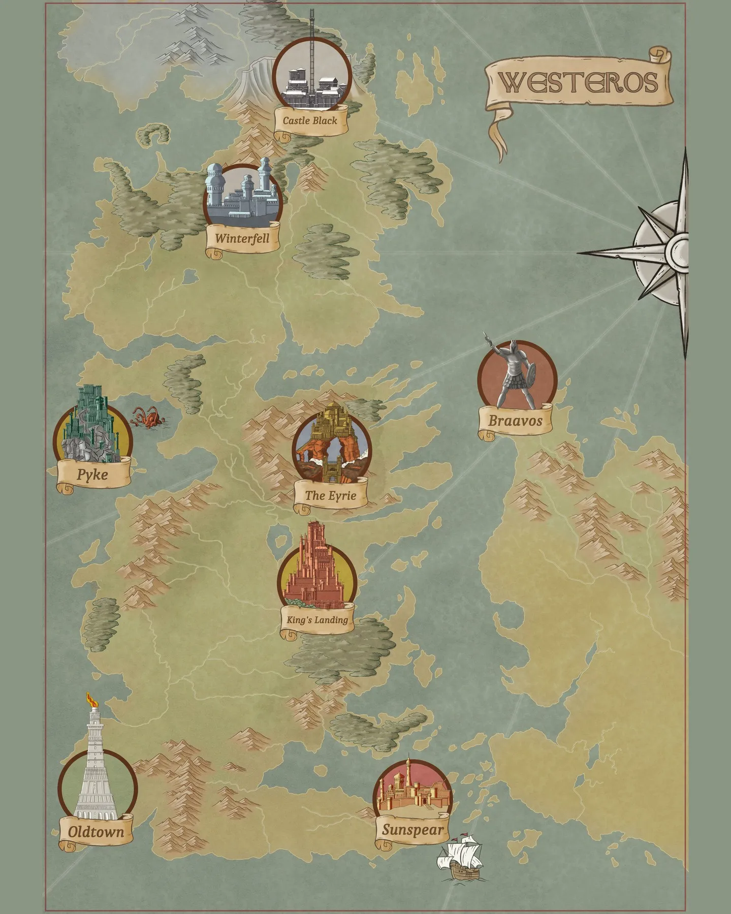 Westeros: Il continente del Trono di Spade, dal Muro a Dorne, con gli stemmi delle grandi casate.