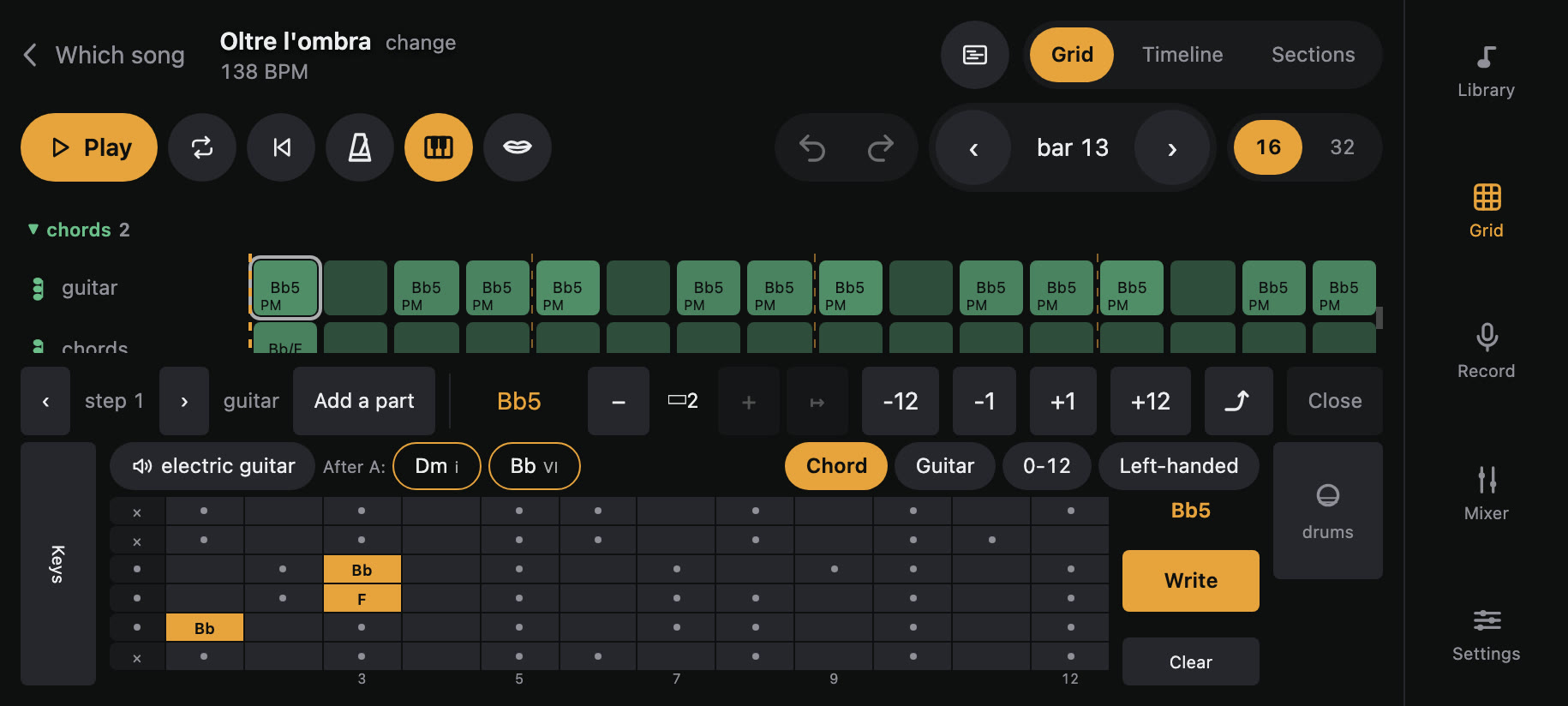 The guitar neck in the grid: tap, and the note is written.